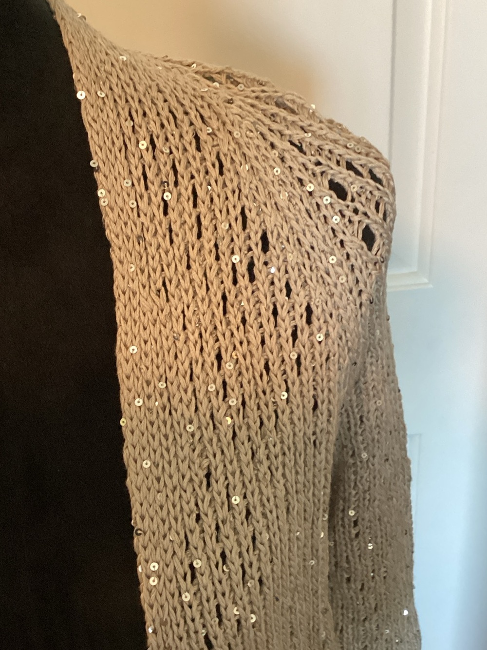 Eileen Fisher Beige Open-Front Sparkle Sequin 3/4 Knit Cardigan XS NWT - Picture 3 of 8